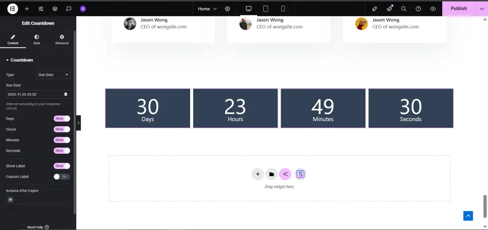 Elementor countdown expiry actions