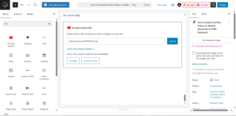 elementor youtube widget tutorial 2024