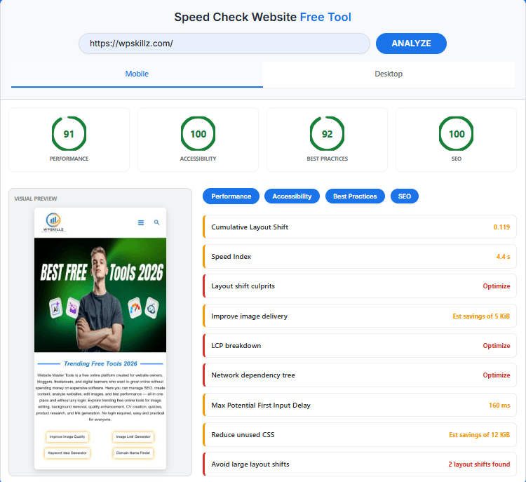 Speed check website tool interface showing mobile performance score